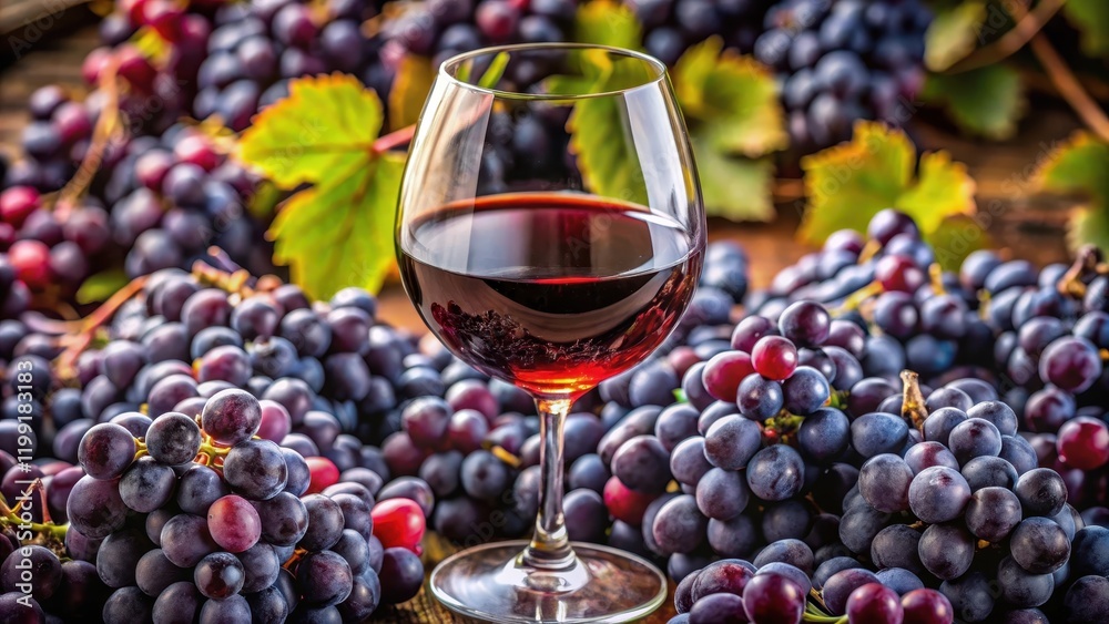 A close-up of a glass filled with rich, full-bodied red wine surrounded by several bunches of vibrant purple grapes, some of which have fallen into the glass , beverage, red wine A close-up of a glass filled with rich, full-bodied red wine surrounded by several bunches of vibrant purple grapes, some of which have fallen into the glass , beverage, red wine