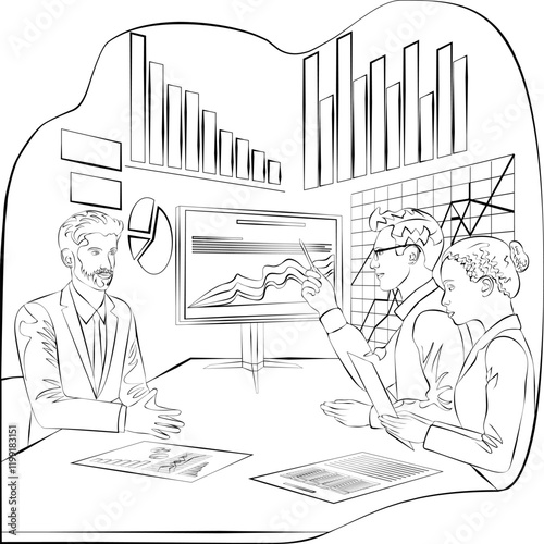 Group of people conduct stakeholder interviews to identify and understand problems in the decision-making process. Sketch. Vector illustration.