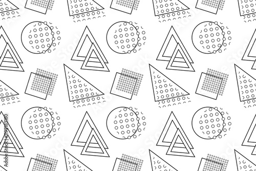 Seamless black and white pattern featuring abstract geometric shapes with dots and lines, perfect for coloring.
