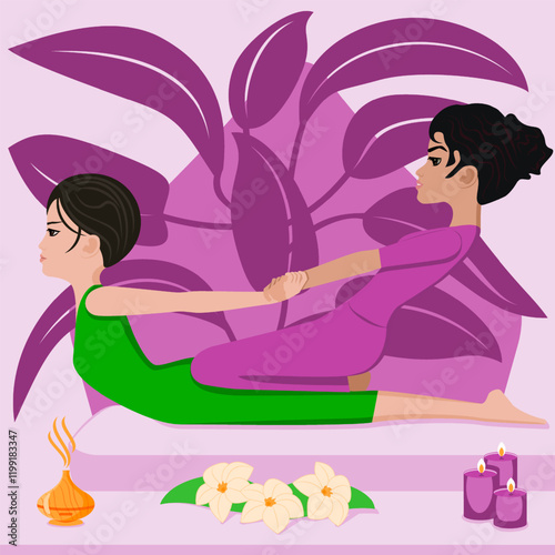 Thai massage. Therapy and treatment by professional therapist in SPA. Isolated flat vector illustration. Indian and Asian ethnicity.