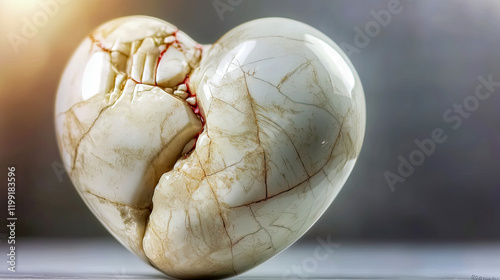 Broken heart symbol with a smaller broken heart inside featuring a porcelain heart with cracked glaze and no sunlight high detail composition photo