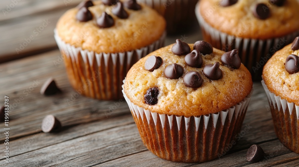 Freshly baked muffins topped with chocolate chips on rustic wood