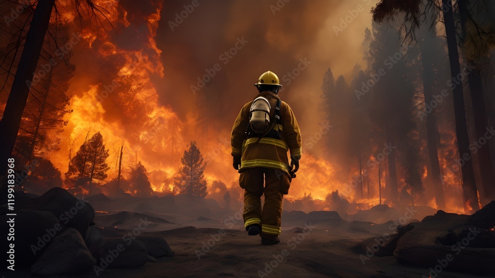 Naklejka premium Firefighters battling a massive forest fire , using hoses and equipment, with flames and smoke surrounding the rugged landscape,Generative Ai 
