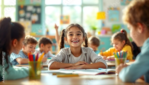 Elementary student smiling in a sunlit classroom, vibrant walls, and engaged classmates.


