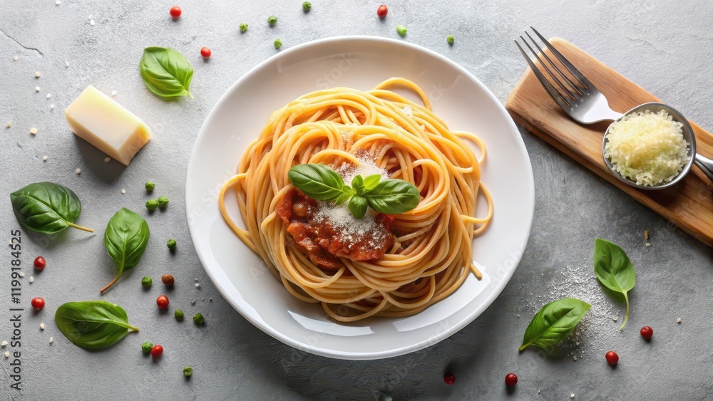 Steaming hot spaghetti twisted in a swirl on a white plate, garnished with fresh basil leaves and a sprinkle of parmesan cheese Steaming hot spaghetti twisted in a swirl on a white plate, garnished with fresh basil leaves and a sprinkle of parmesan cheese