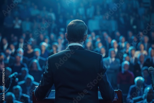 Businessman giving a talk at a corporate seminar, addressing a large audience photo