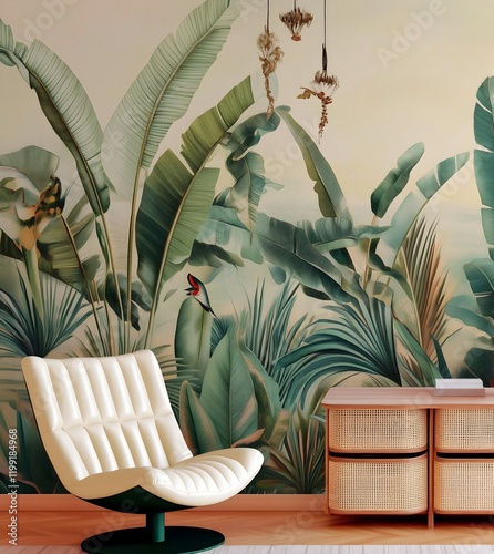 Fototapeta Naklejka Na Ścianę i Meble -  Elegant cream leather armchair in a tropical paradise wall mural setting, jungle living room interior.