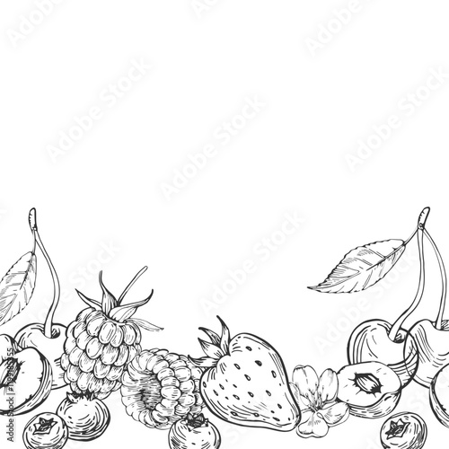 Berries vector seamless border hand drawn in ink. Frame with strawberry, cherry, raspberry and blueberry isolated on white background.Template for label design