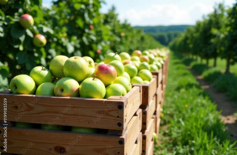 fresh harvest of ripe green apples in a wooden box fresh harvest of ripe green apples in a wooden box