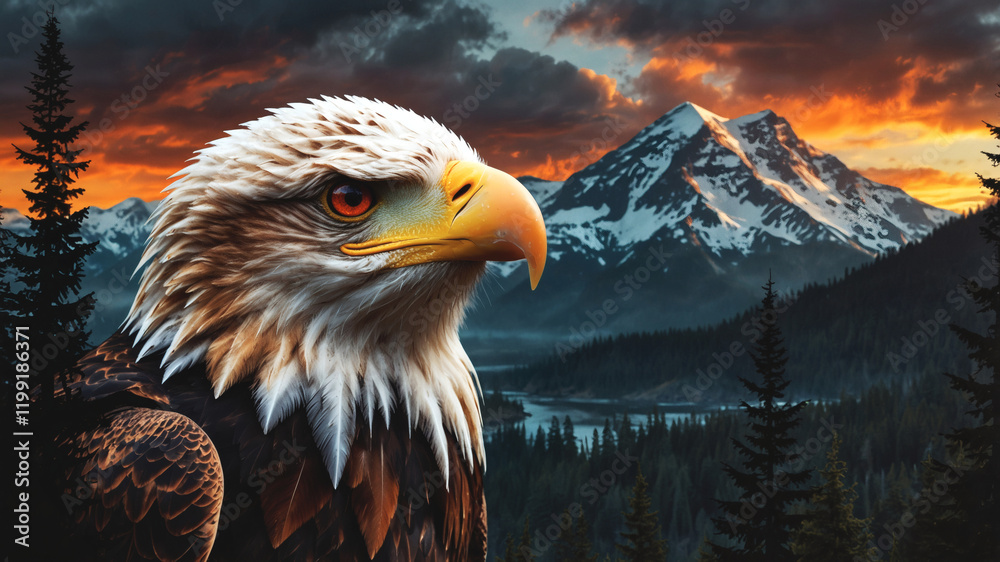 Fototapeta premium Majestic bald eagle portrait against dramatic mountain sunset captures American wilderness and powerful wildlife symbolism