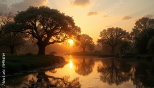 Serene sunrise over a river with silhouette trees.