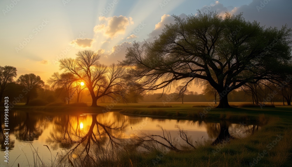 Fototapeta premium Serene sunrise over a river with silhouette trees.