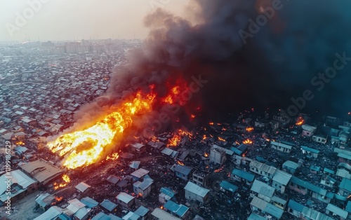 Aerial view of a large fire engulfing a densely populated area, with thick smoke rising and flames spreading across rooftops. photo