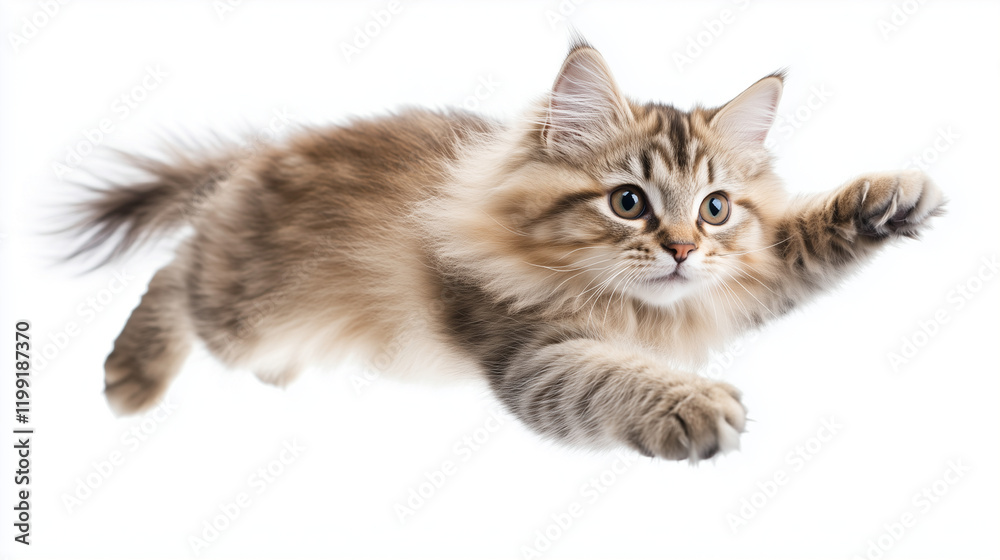 Obraz premium Long-haired Siberian kitten jumping on white background