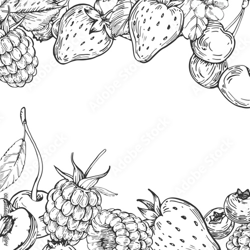 Berries vector border hand drawn in ink. Frame with strawberry, cherry, raspberry and blueberry isolated on white background.Template for label design