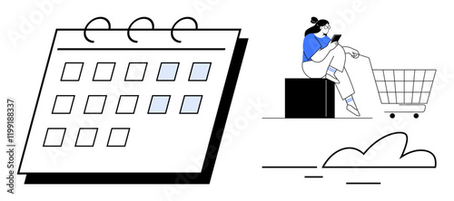 Wallpaper Mural Calendar with marked dates and individual on tablet beside a shopping cart. Ideal for e-commerce, online shopping, scheduling, event planning, time management, productivity, digital marketing Torontodigital.ca