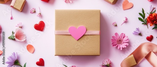 A charming gift box adorned with a pink heart sits amidst a vibrant array of blooming flowers, embodying love's sweet essence on Valentine's Day.