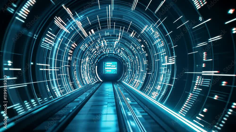 Futuristic digital tunnel illuminated by vibrant blue lights and high tech visuals, Futuristic digital tunnel with glowing blue lights and high tech design Technology concept