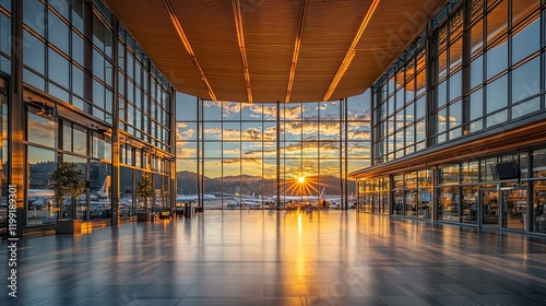 A vibrant airport terminal buzzes with activity, bathed in the golden glow of the morning su