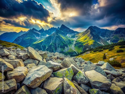 Majestic Western Tatras Mountain Landscape, Slovakia Stones Foreground photo