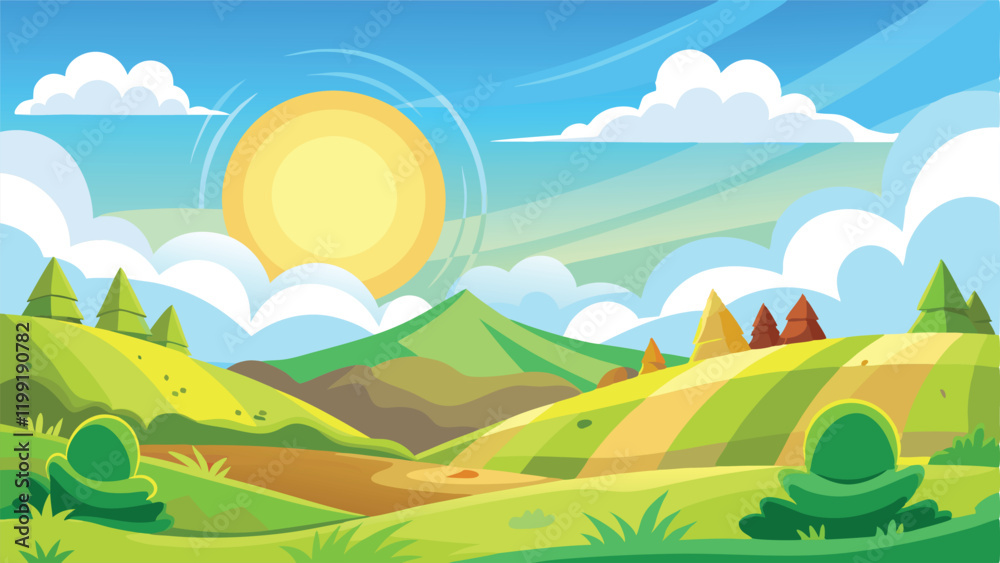 Obraz premium AI Generated scenic vector landscape featuring rolling hills, a bright sun, and fluffy clouds in a charming cartoon style