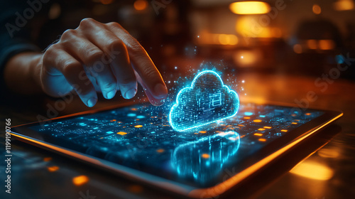 a person using a laptop with a cloud on it