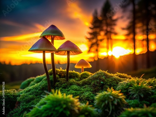 Silhouette of inedible mushrooms amongst vibrant green moss in the Guilleries mountains, Catalonia. photo