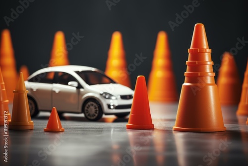 Driving school concept featuring a white toy car navigating through a course marked by bright orange traffic cones photo