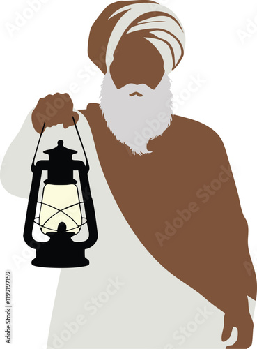 A silhouette of a man with a white beard and a turban, holding a lantern. The background is a white void