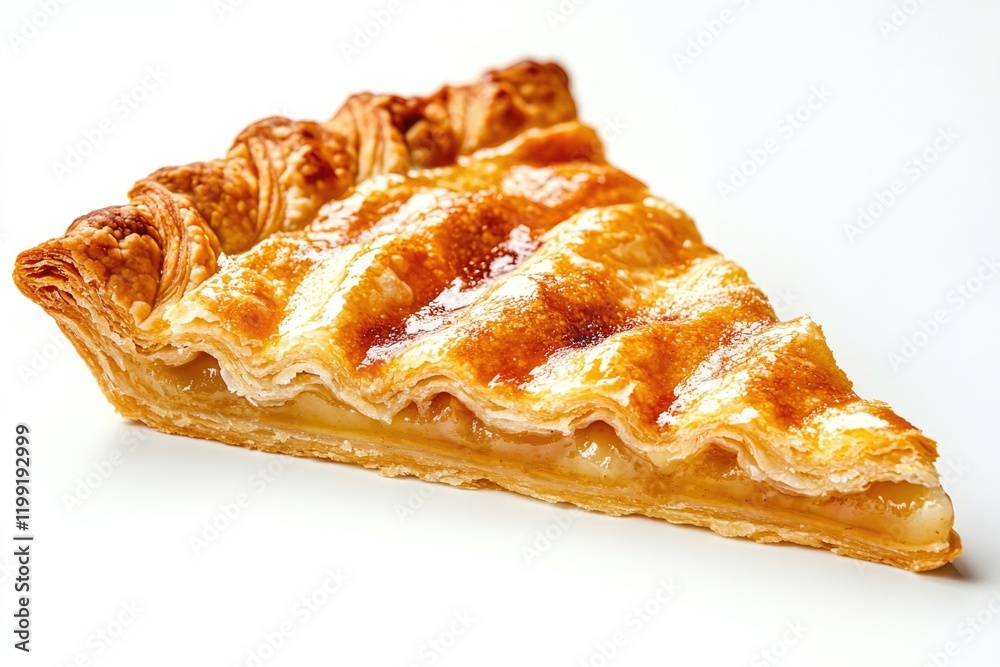 Golden pastry slice featuring flaky crust and glossy apple filli