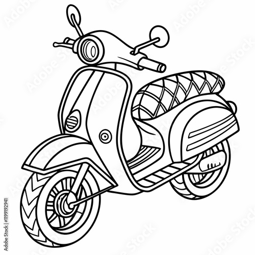 vintage scooter illustration, line drawing, retro motor vehicle, classic   style, black and white sketch, detailed design, quilted seat, round headlight, curved handlebars,