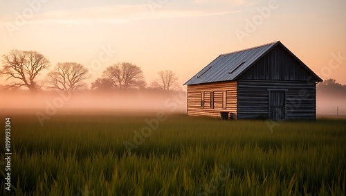 Lonely Farmhouse at Sunrise in a Misty Field
