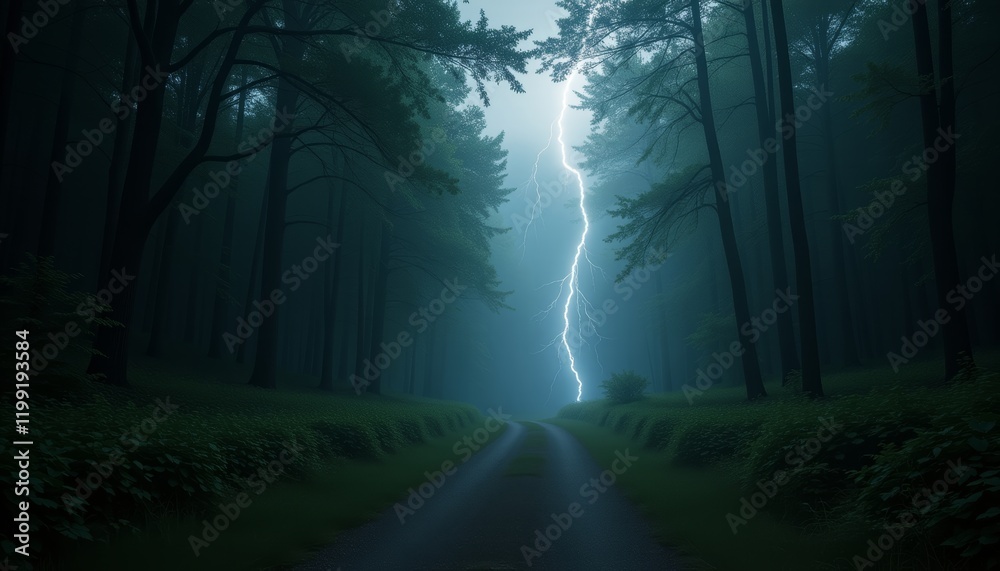 Fototapeta premium Lightning striking over a dark forest path