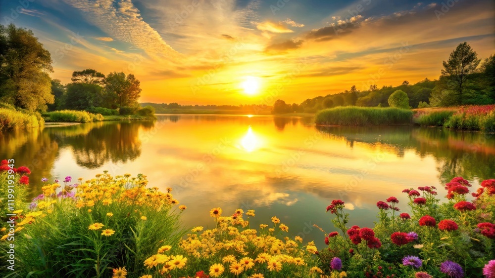 Sunset over a peaceful lake with a bright yellow gradient background, surrounded by lush greenery and vibrant flowers Sunset over a peaceful lake with a bright yellow gradient background, surrounded by lush greenery and vibrant flowers