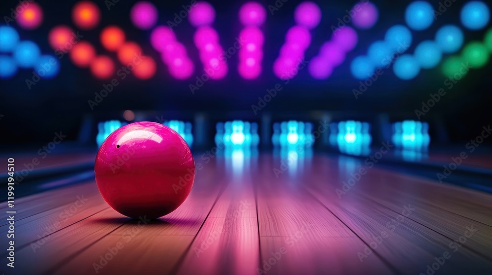 Naklejka premium Bowling action with vibrant lights indoor alley sports photography colorful atmosphere