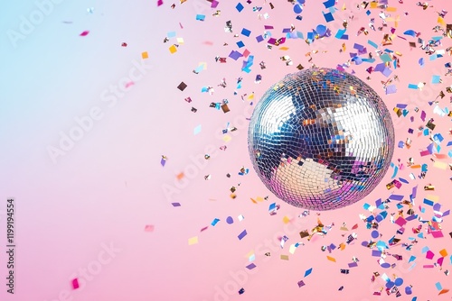 A shiny silver disco ball reflects light as colorful confetti floats around it, creating a joyful and celebratory mood against a soft pastel gradient backdrop perfect for events