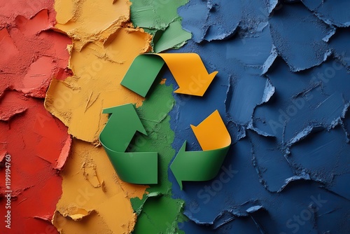 A colorful, textured backdrop featuring a prominent green recycling symbol at the center, highlighting themes of sustainability and environmental awareness. photo