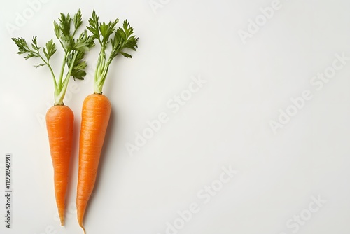 Two fresh carrots with green tops on white background. photo