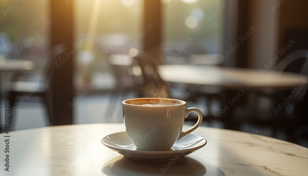 Steaming coffee cup on marble table in cozy café Steaming coffee cup on marble table in cozy café