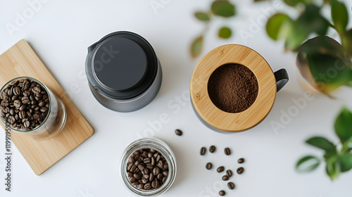 Coffee preparation: beans, grinder, and ground coffee ready for brewing. A simple, clean setup for a perfect cup.
