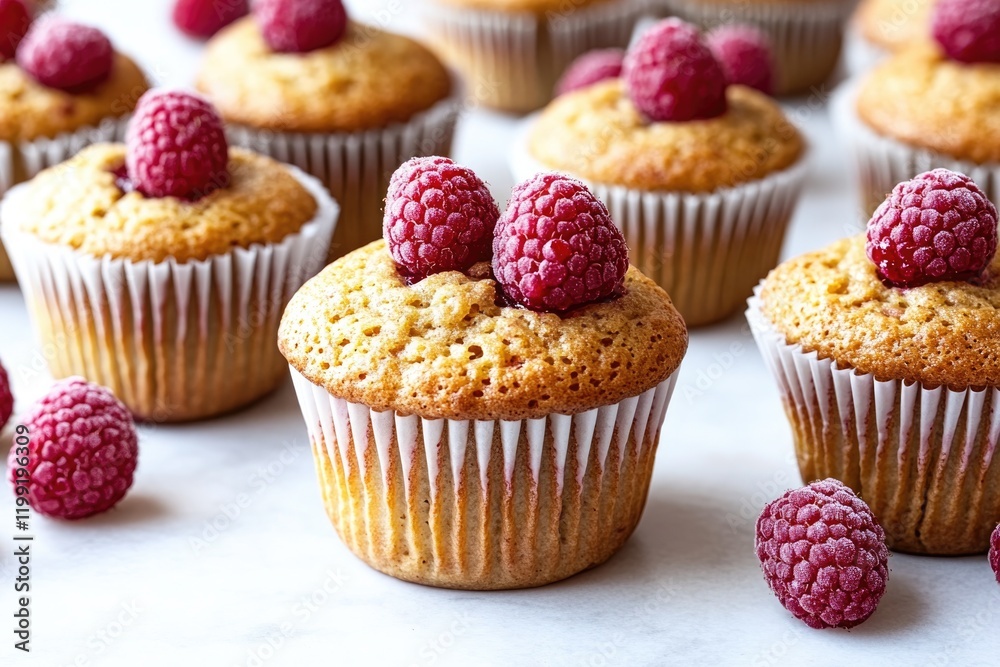 Golden muffins topped with fresh raspberries create delightful, Golden muffins topped with fresh raspberries create delightful,