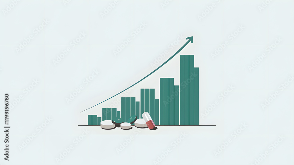 Fototapeta premium A few supplement tablets with a clear rising graph, illustrating the increasing healthcare costs. 