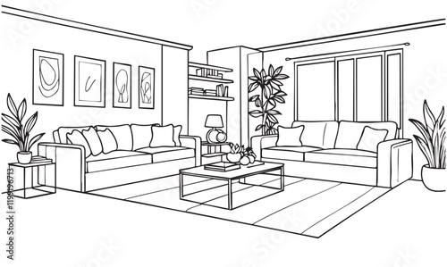 Living room graphic black white home interior sketch illustration vector