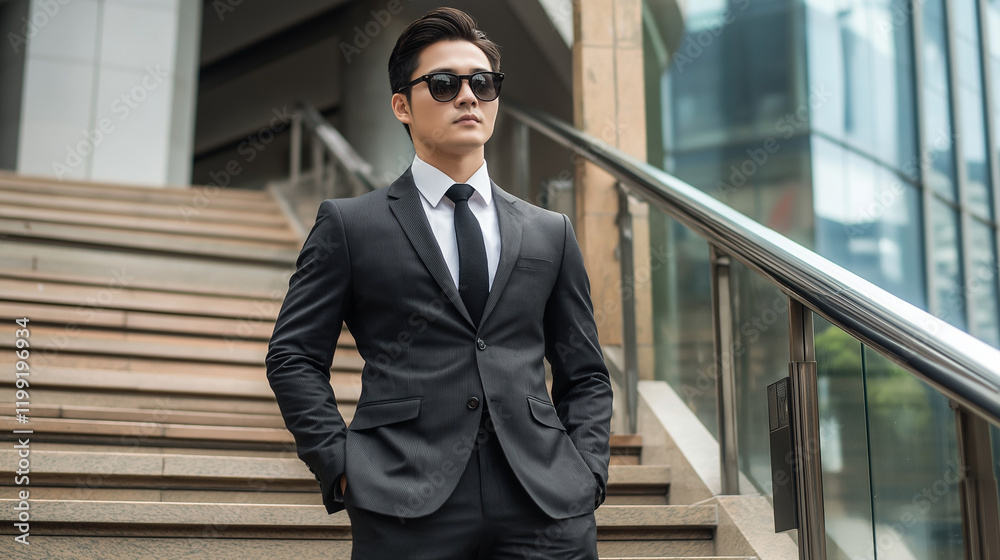 Asian businessman in suit on urban steps. Ideal for corporate success, professional achievement, or business leadership. Asian businessman in suit on urban steps. Ideal for corporate success, professional achievement, or business leadership.