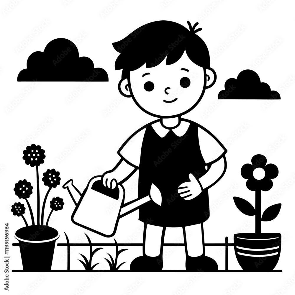 Cute cartoon boy watering plants, black and white illustration, simple line drawing, child gardening, watering can, potted flowers, clouds in background, innocent expression, Cute cartoon boy watering plants, black and white illustration, simple line drawing, child gardening, watering can, potted flowers, clouds in background, innocent expression,