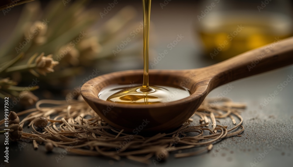 Olive oil pouring into wooden spoon with olive seeds Olive oil pouring into wooden spoon with olive seeds