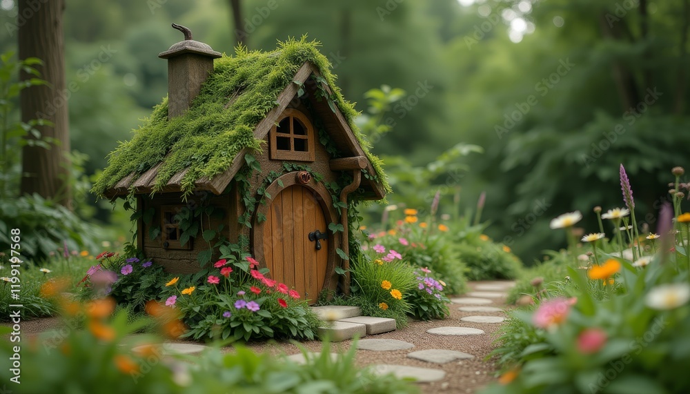 Miniature house with green roof in blooming garden Miniature house with green roof in blooming garden