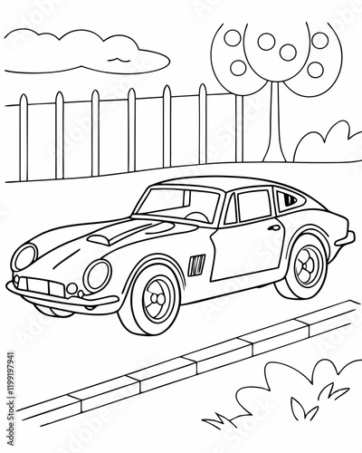 Classic vintage sports car, detailed line drawing, picket fence background, stylized tree and clouds, coloring book page style, clean outlines, retro automobile design, suburban setting, simple landsc