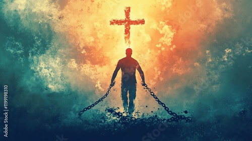 A powerful representation of a man breaking free from chains of sin, stepping into a bright future. A Christian cross at the pinnacle symbolizes faith and salvation.

