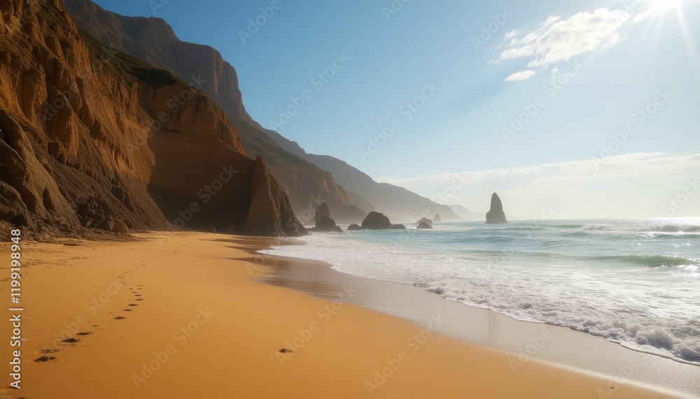 Fototapeta premium Golden sandy beach with cliffs and footprints at sunrise